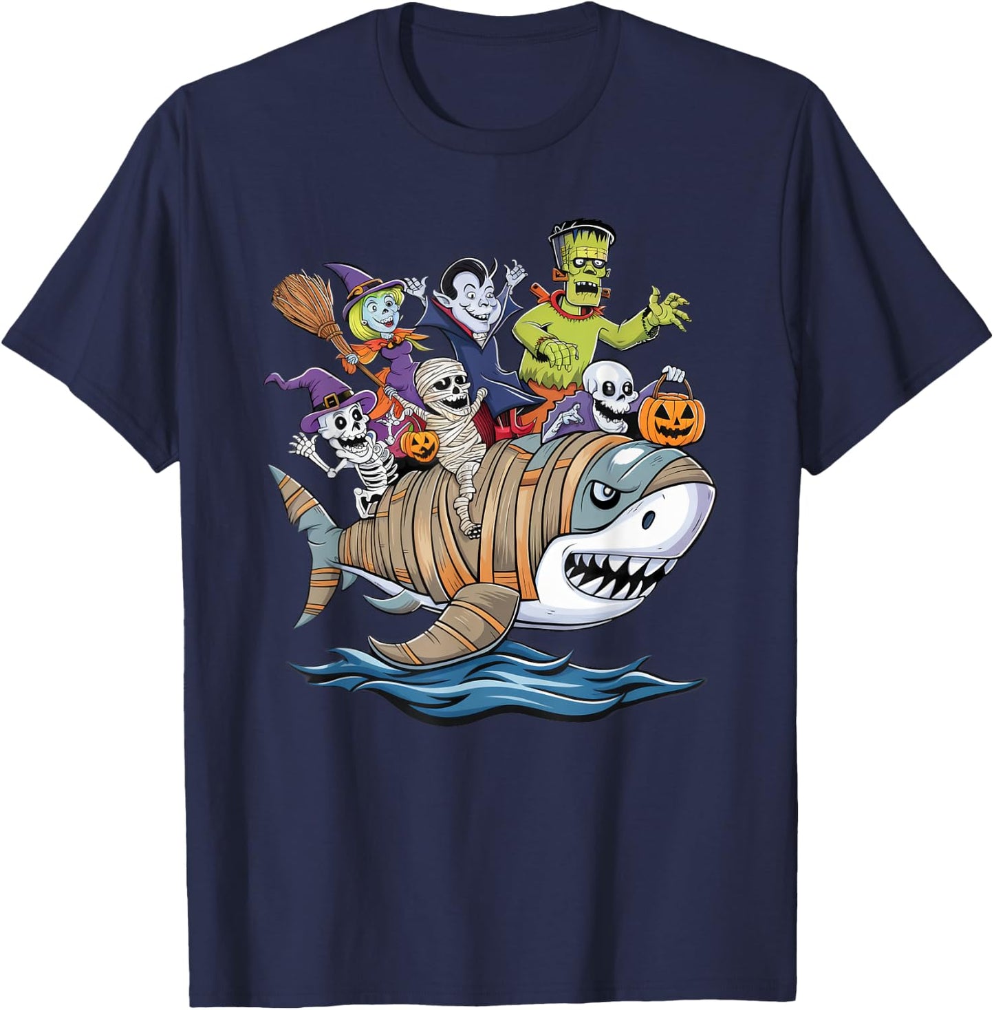 Skeleton Zombie Riding Mummy Shark Funny Halloween Pumpkin T-Shirt - T-Shirt | Navy