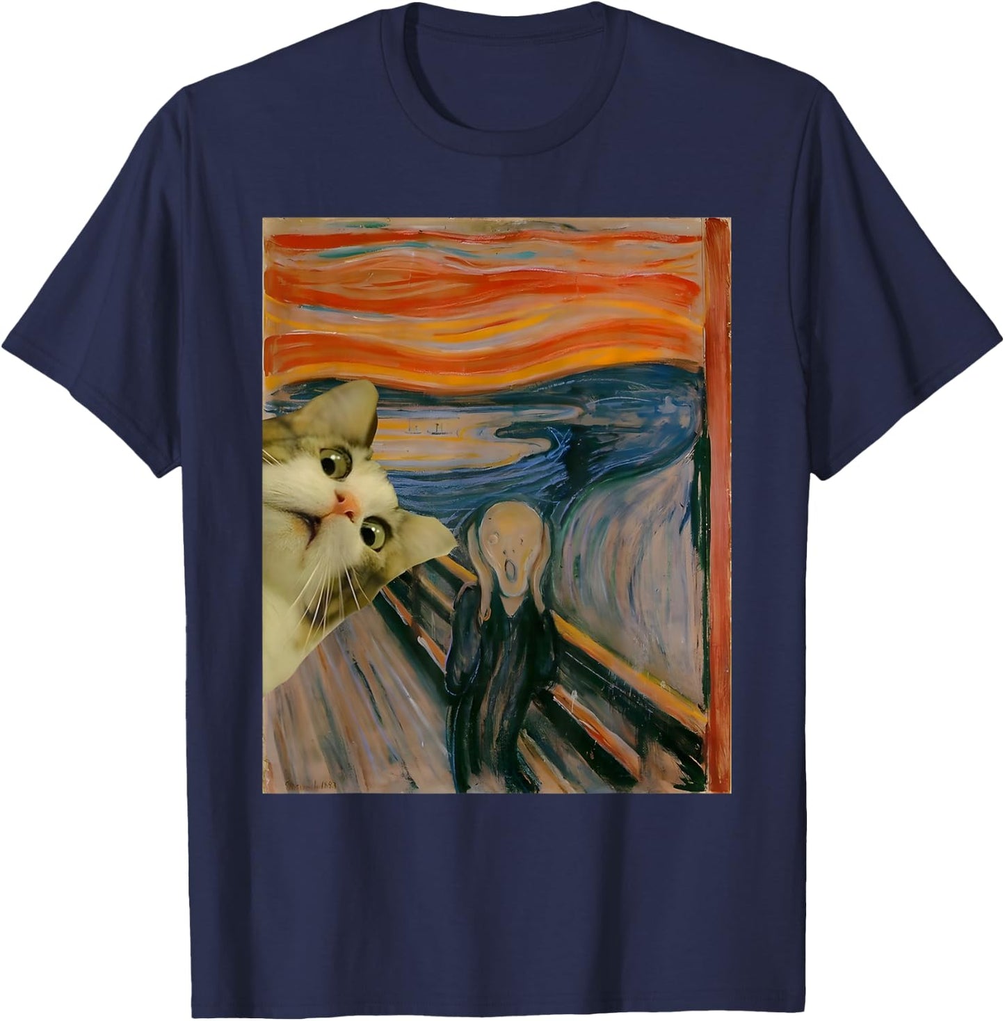 The Scream Cat by Munch Edvard Famous Painting Funny Cat Art T-Shirt - T-Shirt | Navy