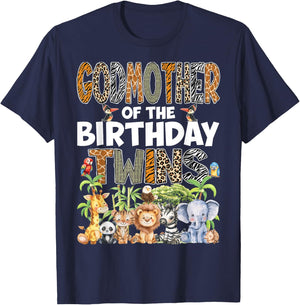 GodMother Of The Birthday Twins Safari Wild Zoo Animals T-Shirt - T-Shirt | Navy