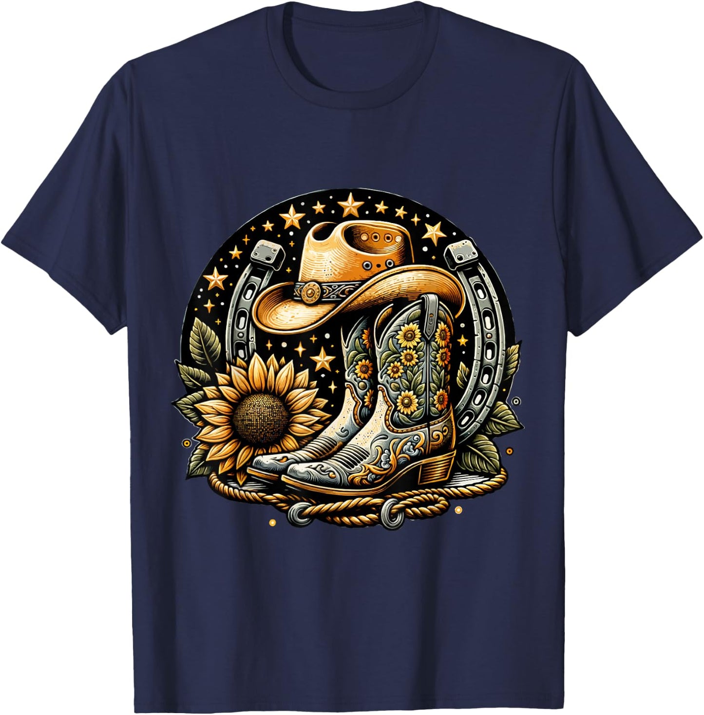 Vintage Cowboy Boot Horseshoe SunflowerRetro western Cowgirl T-Shirt - T-Shirt | Navy