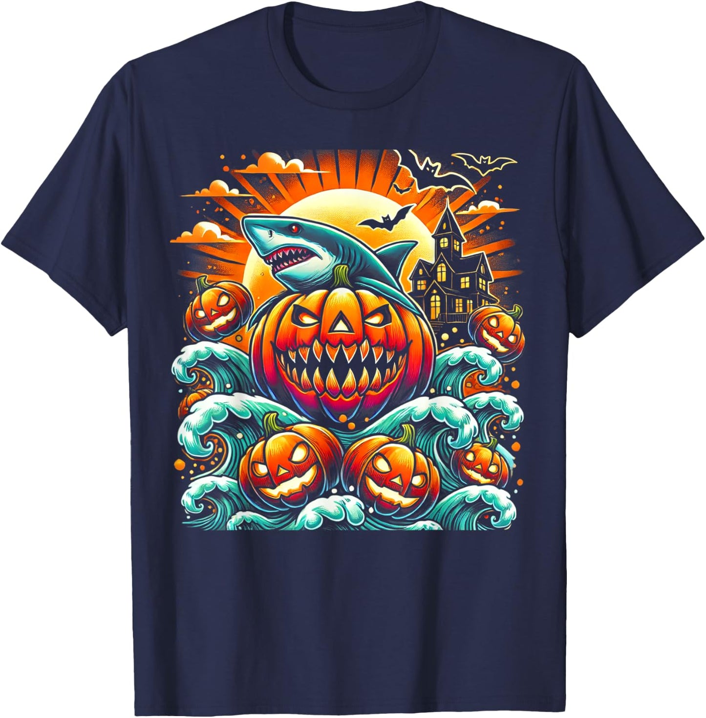 Pumpkin Shark Halloween T-Shirt - T-Shirt | Navy