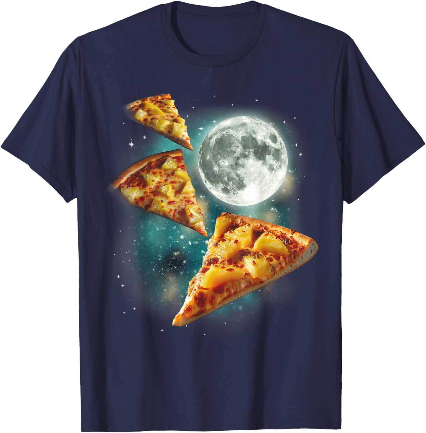 Three Pineapple Pizza Moon | Cursed Funny 3 Pizzas Meme T-Shirt - T-Shirt | Navy
