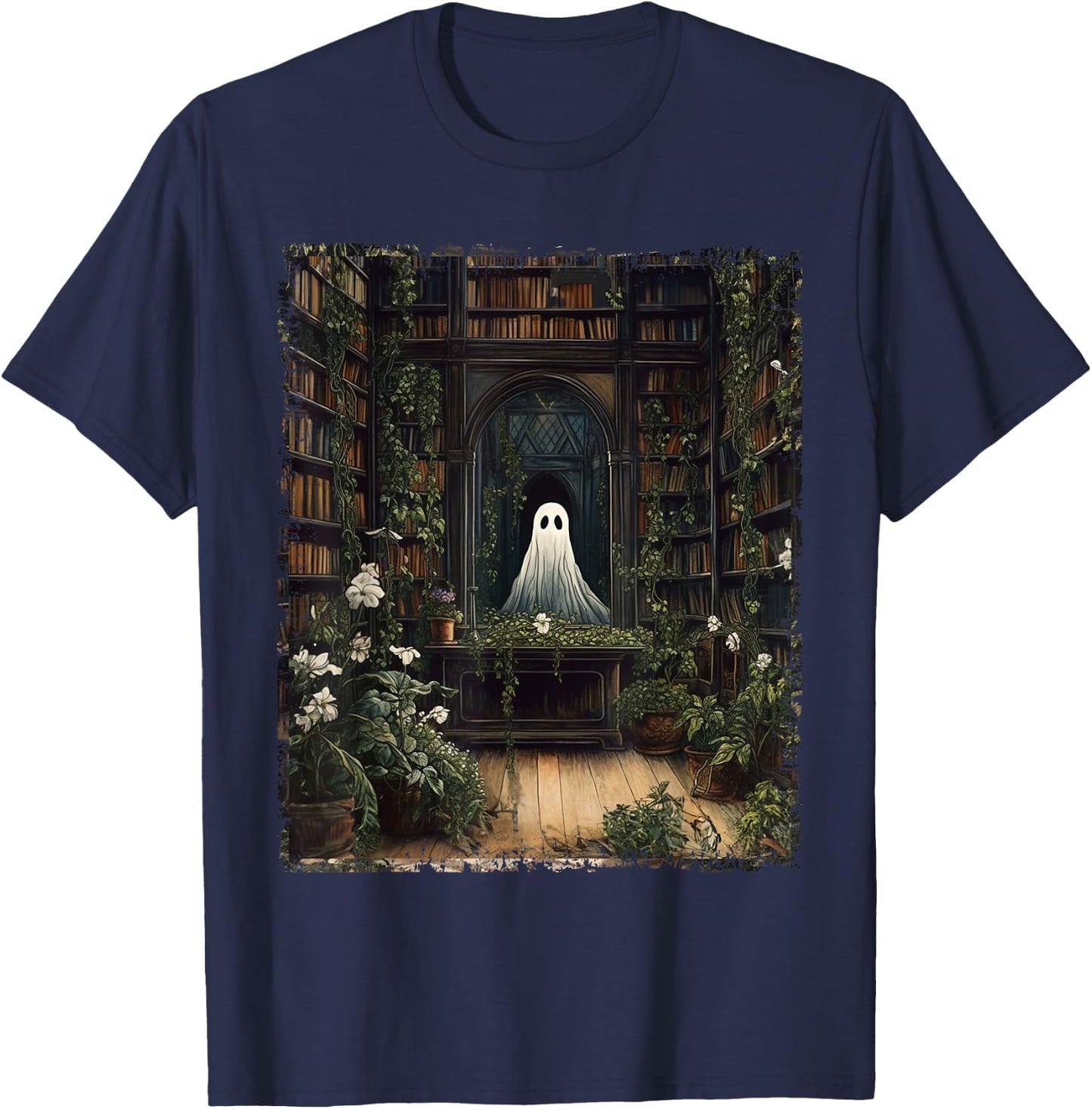 Vintage Halloween Spooky Ghost In The Library Gothic T-Shirt - T-Shirt | Navy