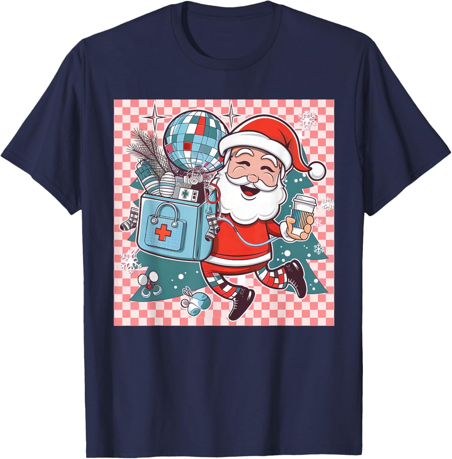 Christmas Santa Nurse Disco Ball Rn CNA Icu Med Surg Picu T-Shirt - T-Shirt | Navy
