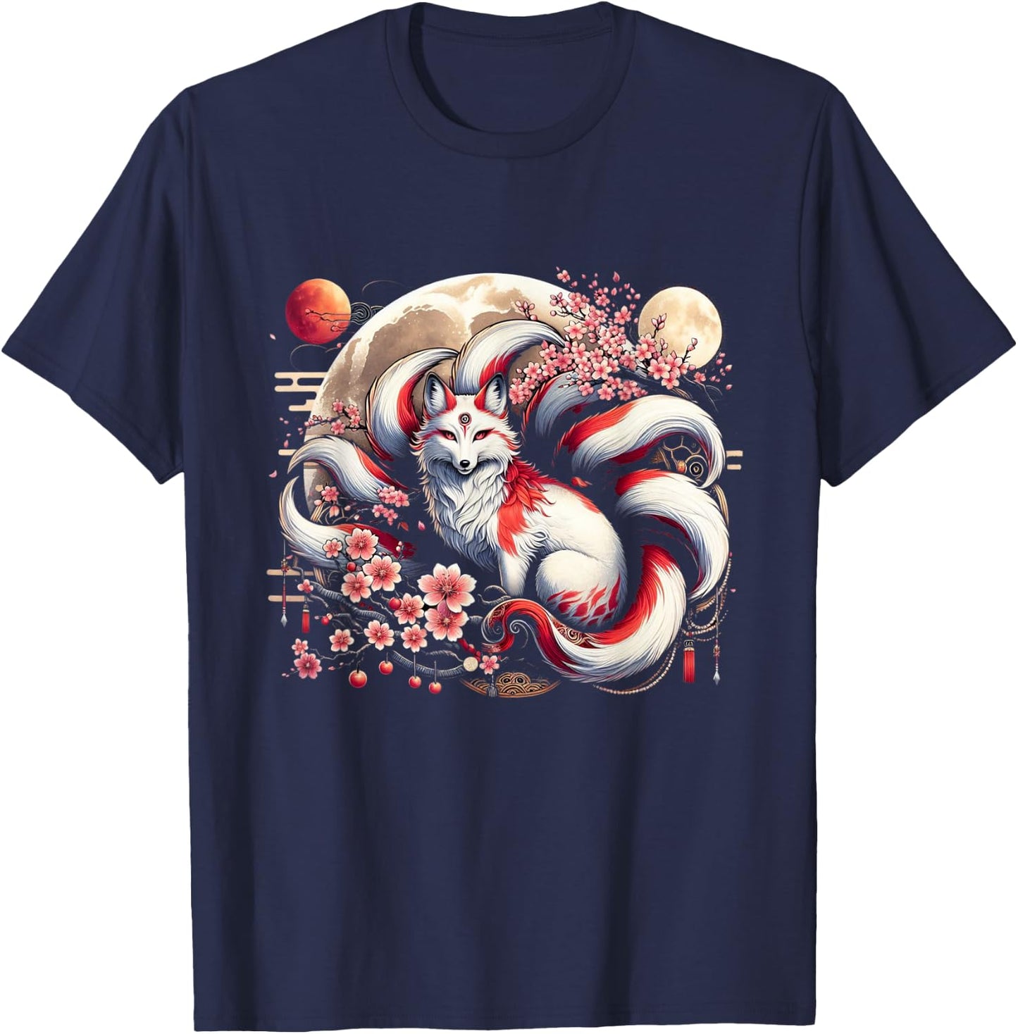 Kitsune Japanese Nine-tailed Fox With T-Shirt - T-Shirt | Navy