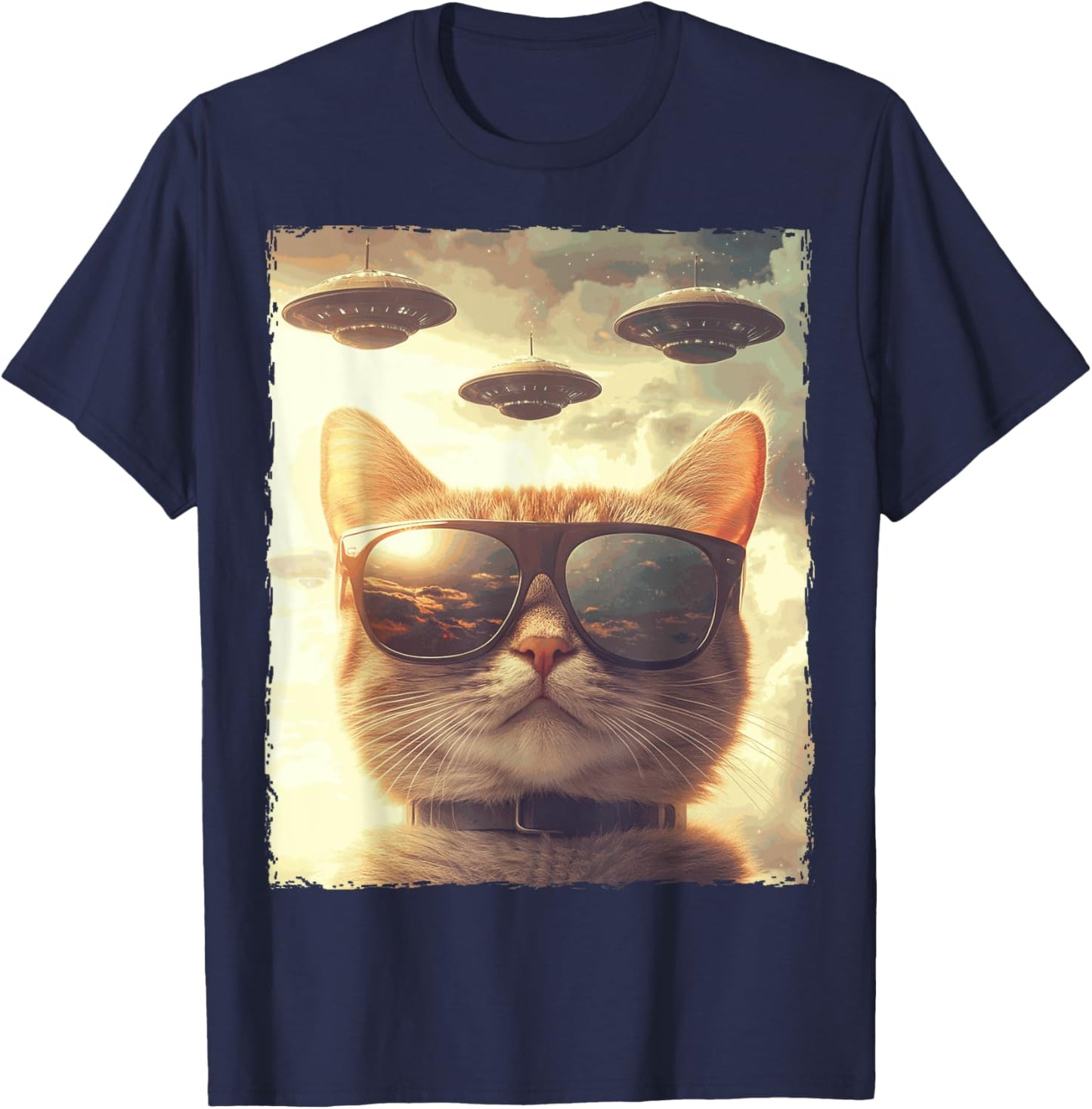 Funny Cat Sunglasses Selfie Ufos T-Shirt - T-Shirt | Navy