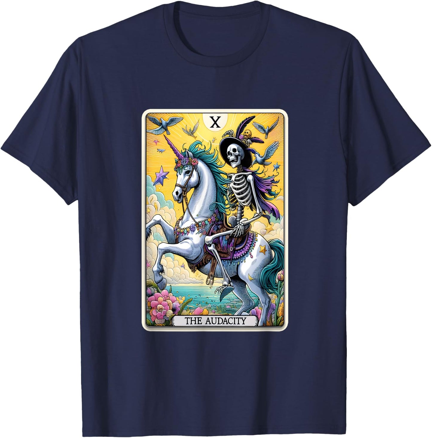 Audacity Tarot Card Sarcastic Skeleton Riding Unicorn T-Shirt - T-Shirt | Navy