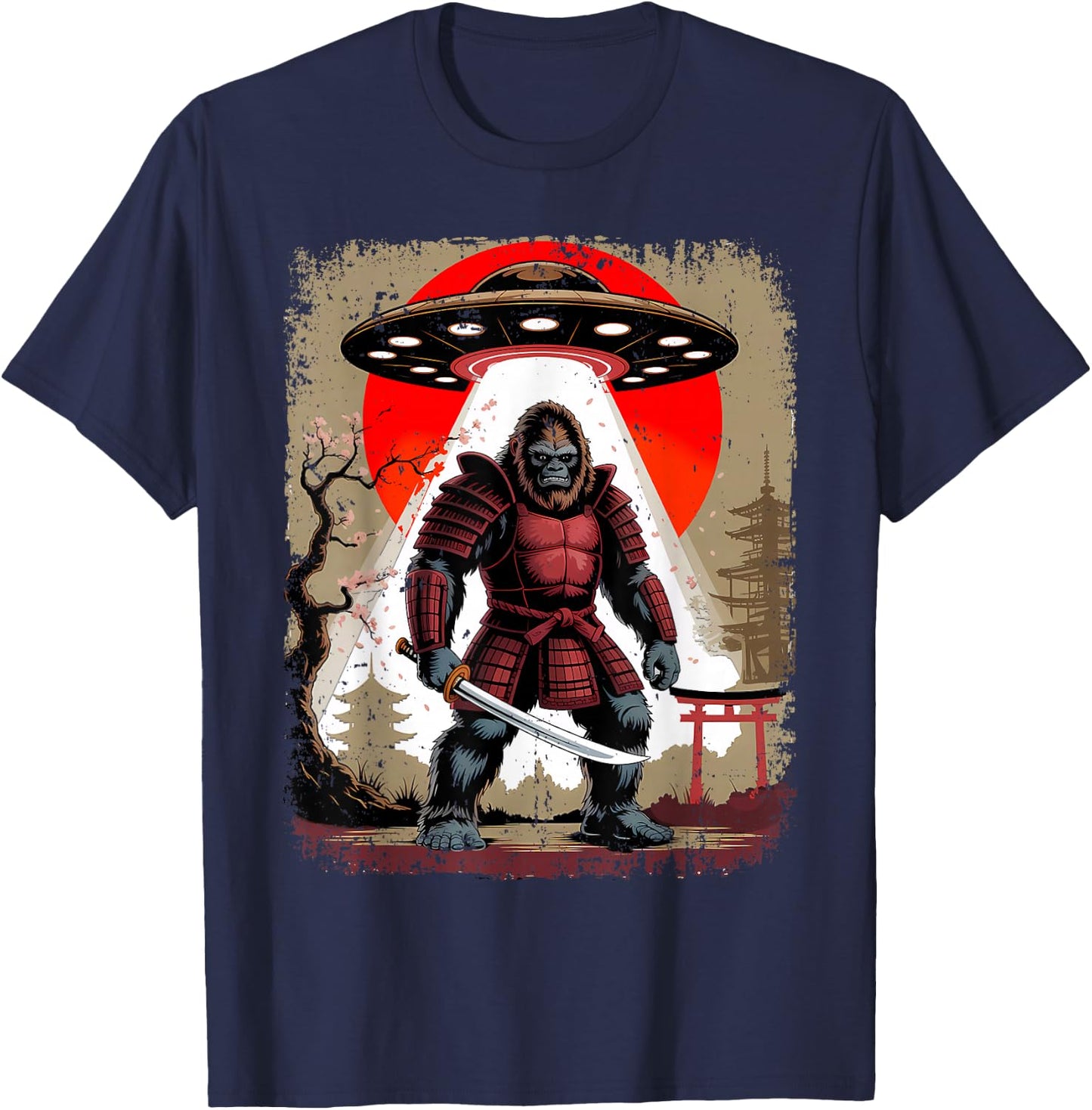 Japanese Samurai Bigfoot UFO Katana Vintage Graphic T-Shirt - T-Shirt | Navy