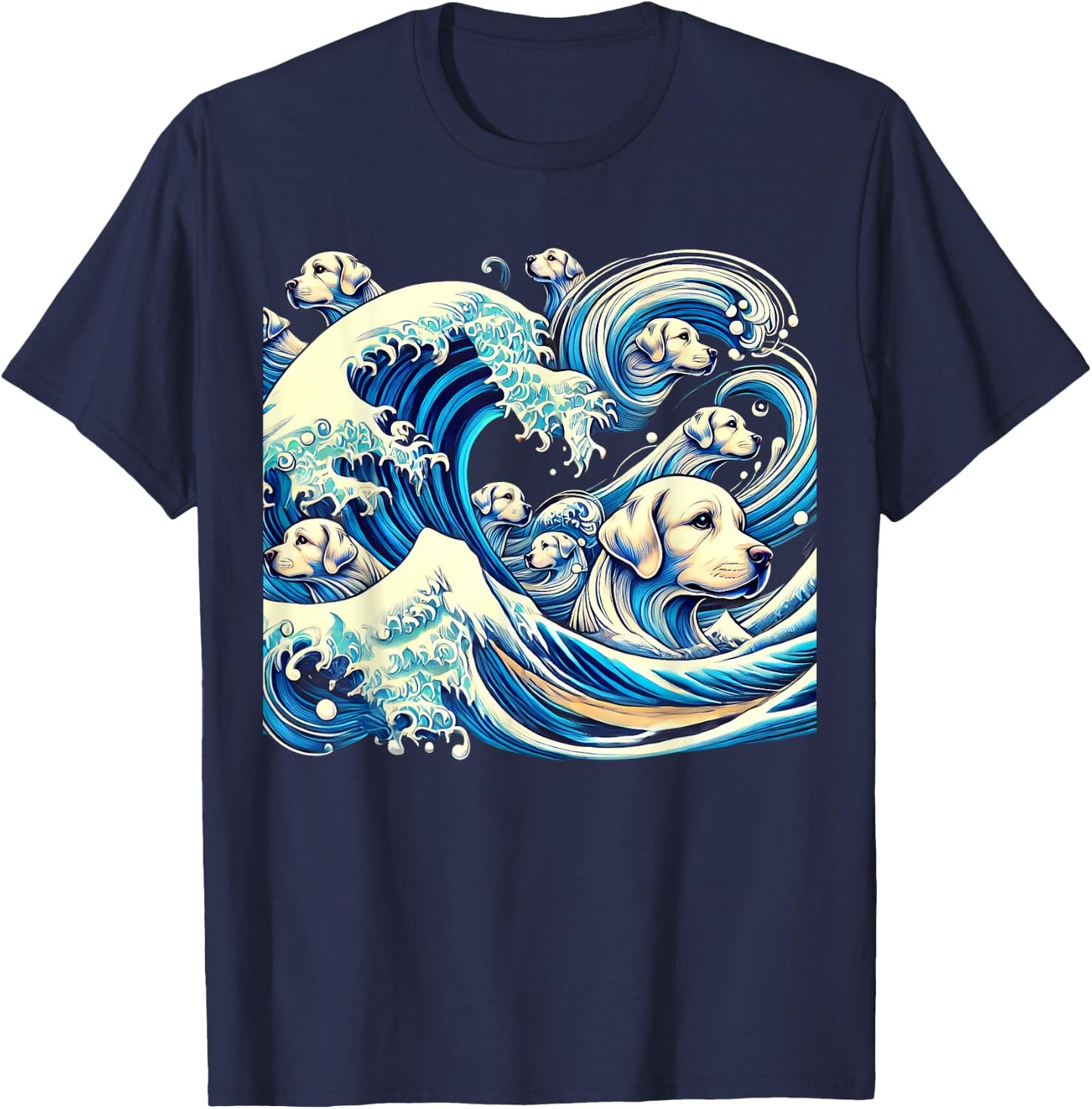 White Labrador Retriever Blue Dogs Wave Lab Puppy Japan Art T-Shirt - T-Shirt | Navy