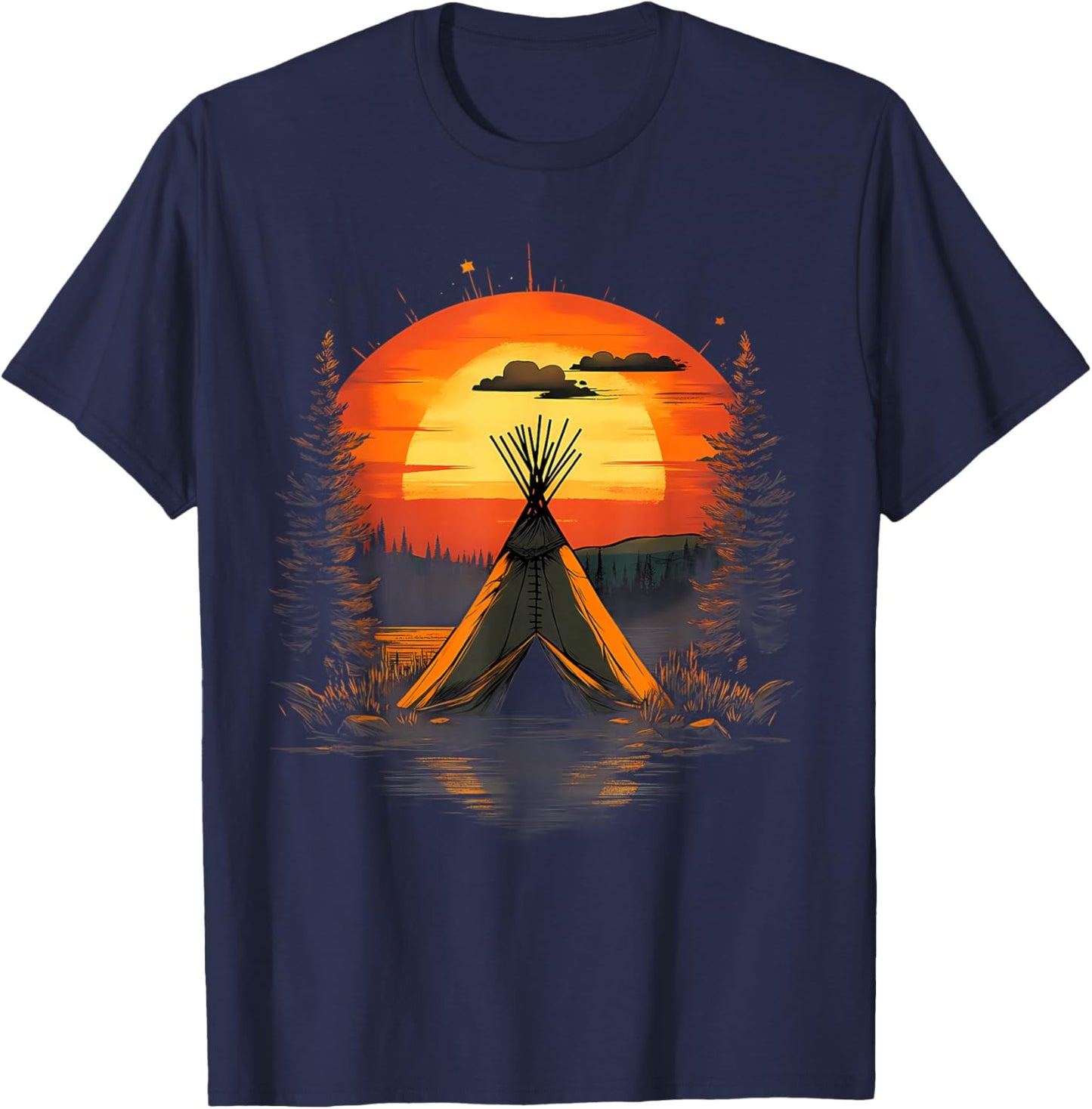 Native American Indian Tribe Landscape Sunset Tipi Tent T-Shirt - T-Shirt | Navy
