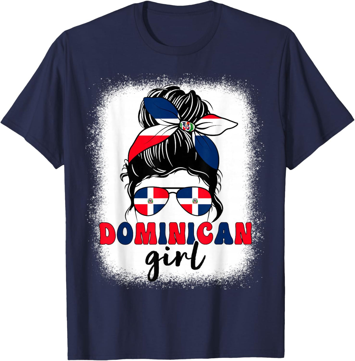 Dominican Girl Messy Bun Dominican Flag Patriotic Women Kids T-Shirt - T-Shirt | Navy