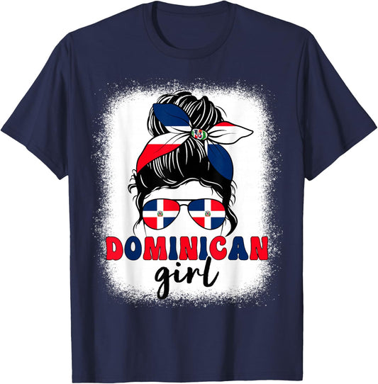 Dominican Girl Messy Bun Dominican Flag Patriotic Women Kids T-Shirt - T-Shirt | Navy