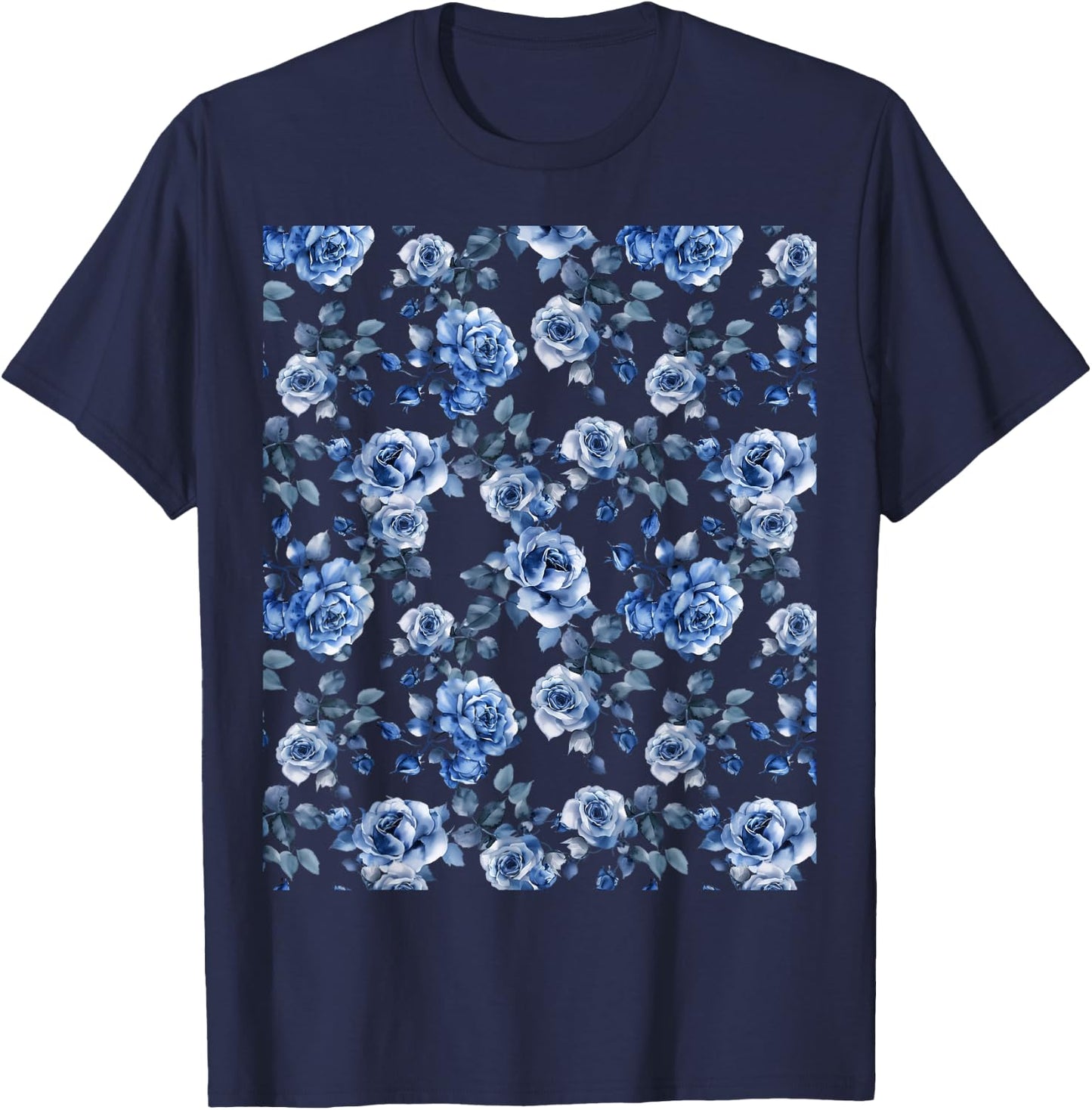 Blue and White Rose Flower Design T-Shirt - T-Shirt | Navy