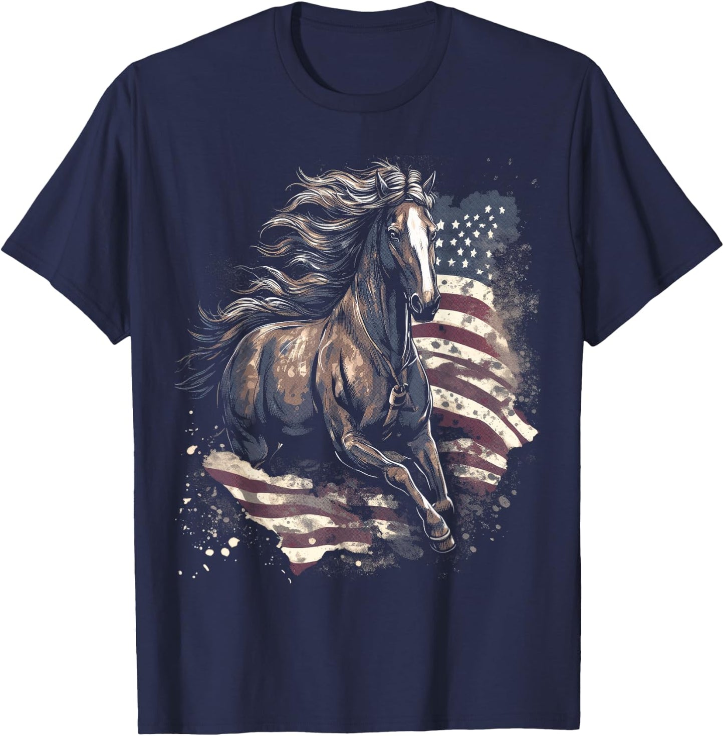 Patriotic Horse American Flag Horseback Riding Western Farm T-Shirt - T-Shirt | Navy