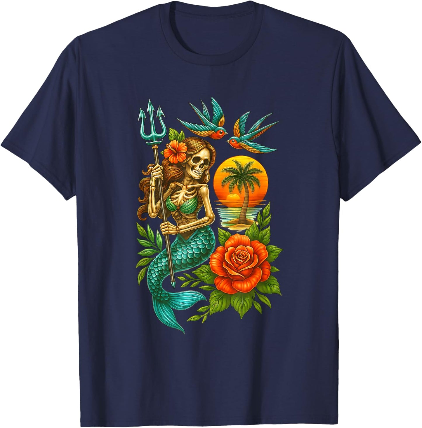 Mermaid Skeleton Traditional Tattoo OldSchool Tattoo Flash T-Shirt - T-Shirt | Navy