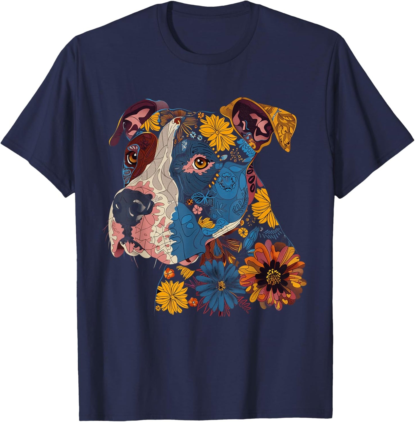 Pitbull Floral Dog Lover Vintage Flower Art Pitbull Mom Dad T-Shirt - T-Shirt | Navy