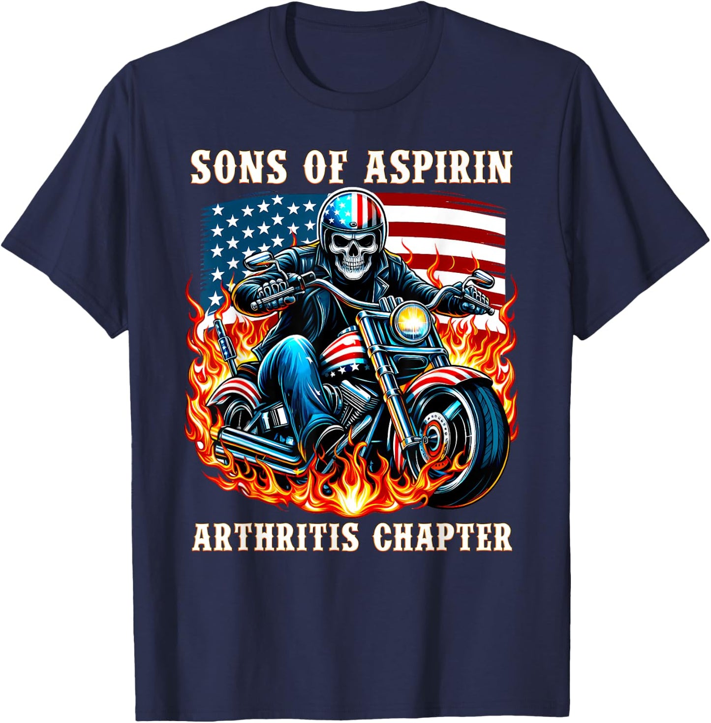 Sons of Aspirin Arthritis Chapter Biker riding a Motorcycle T-Shirt - T-Shirt | Navy