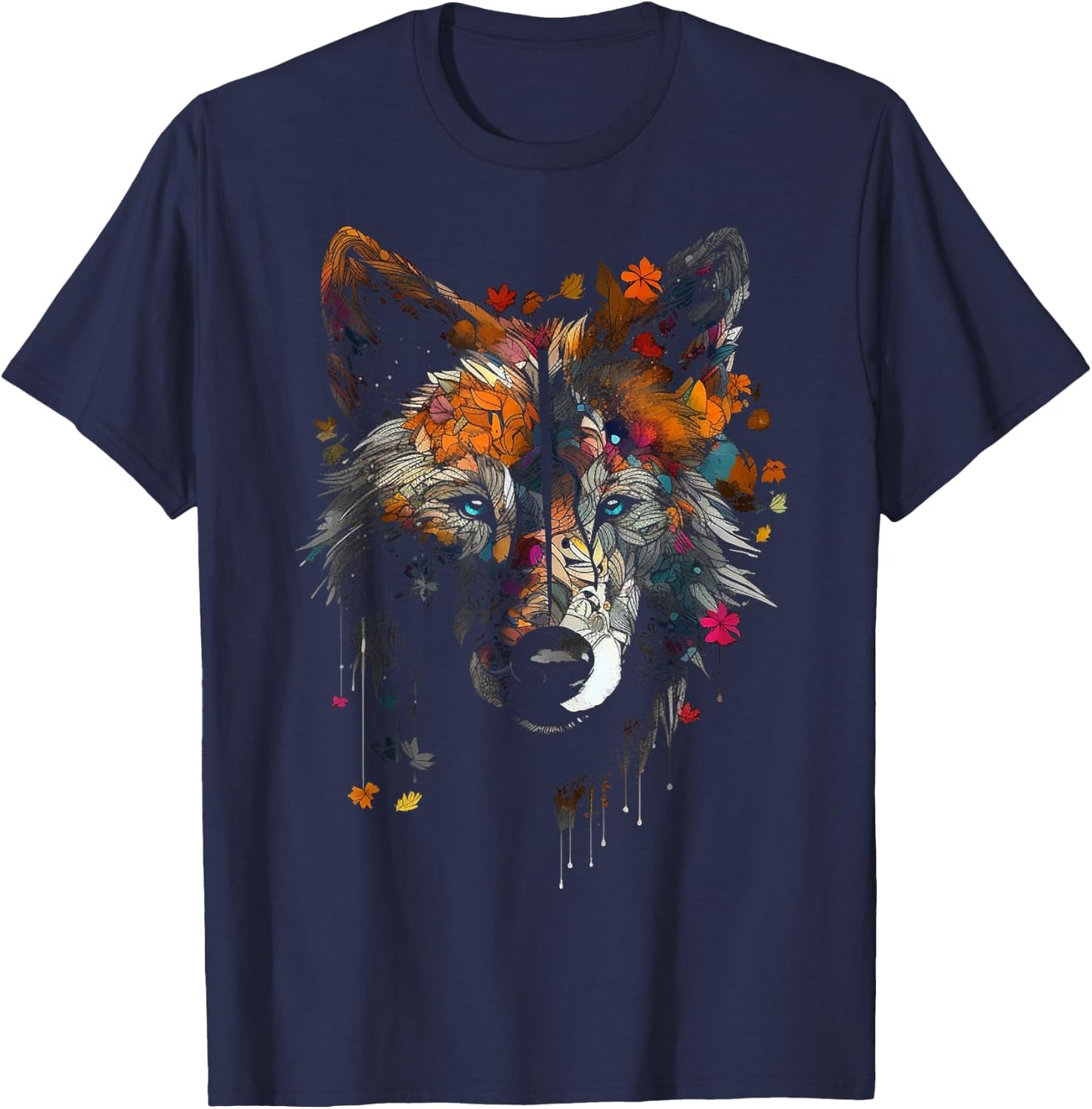 Wolf Autumn Leaves - Blue Eyes - Animal Art Motif Wolf T-Shirt - T-Shirt | Navy