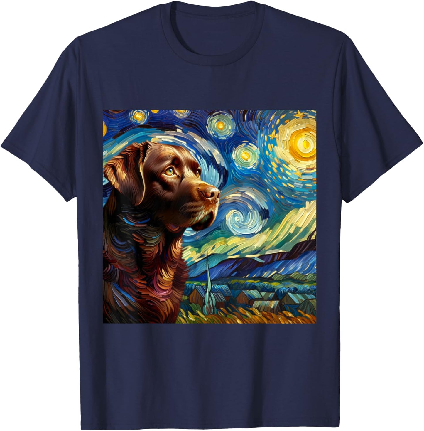 Chocolate Labrador Starry Night Shirt Vincent Van Gogh Lab T-Shirt - T-Shirt | Navy