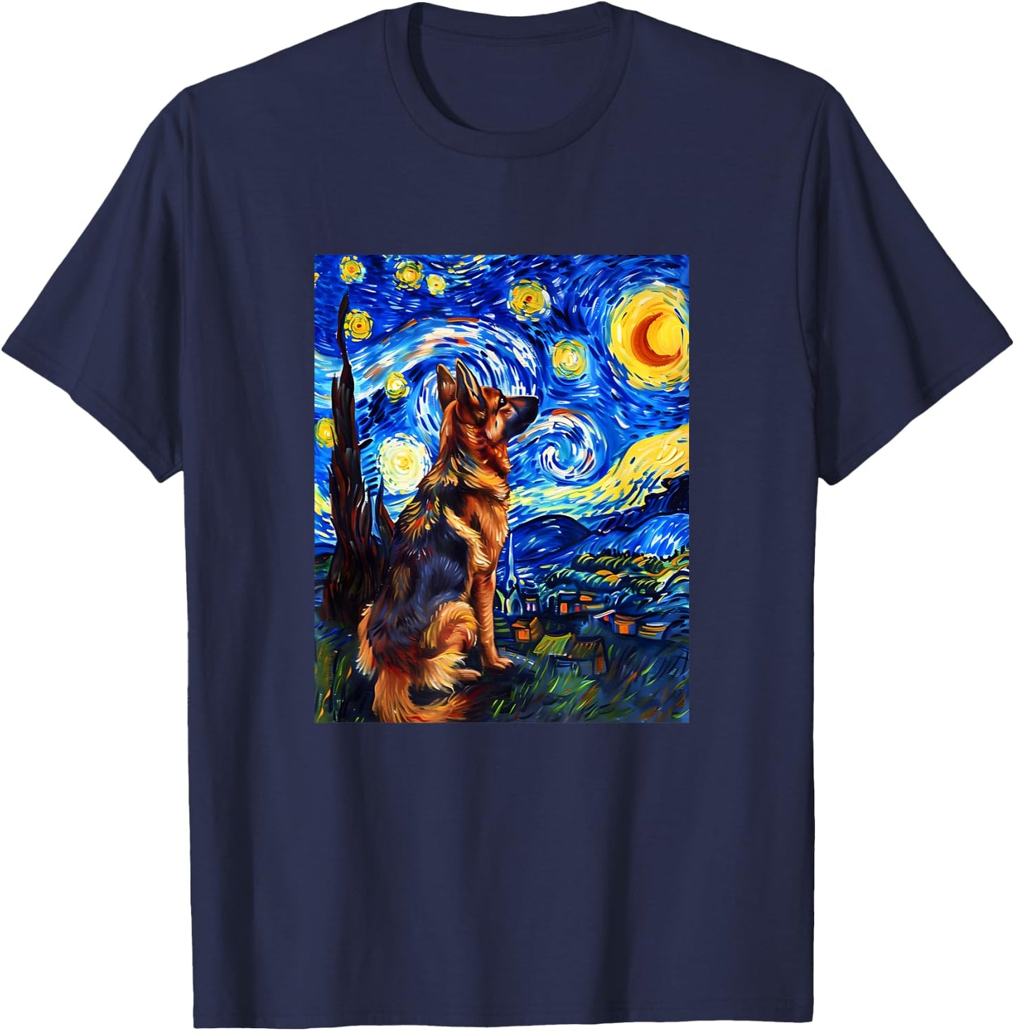 Cute Van Gogh German Shepherd Starry Night Funny Women Men T-Shirt - T-Shirt | Navy