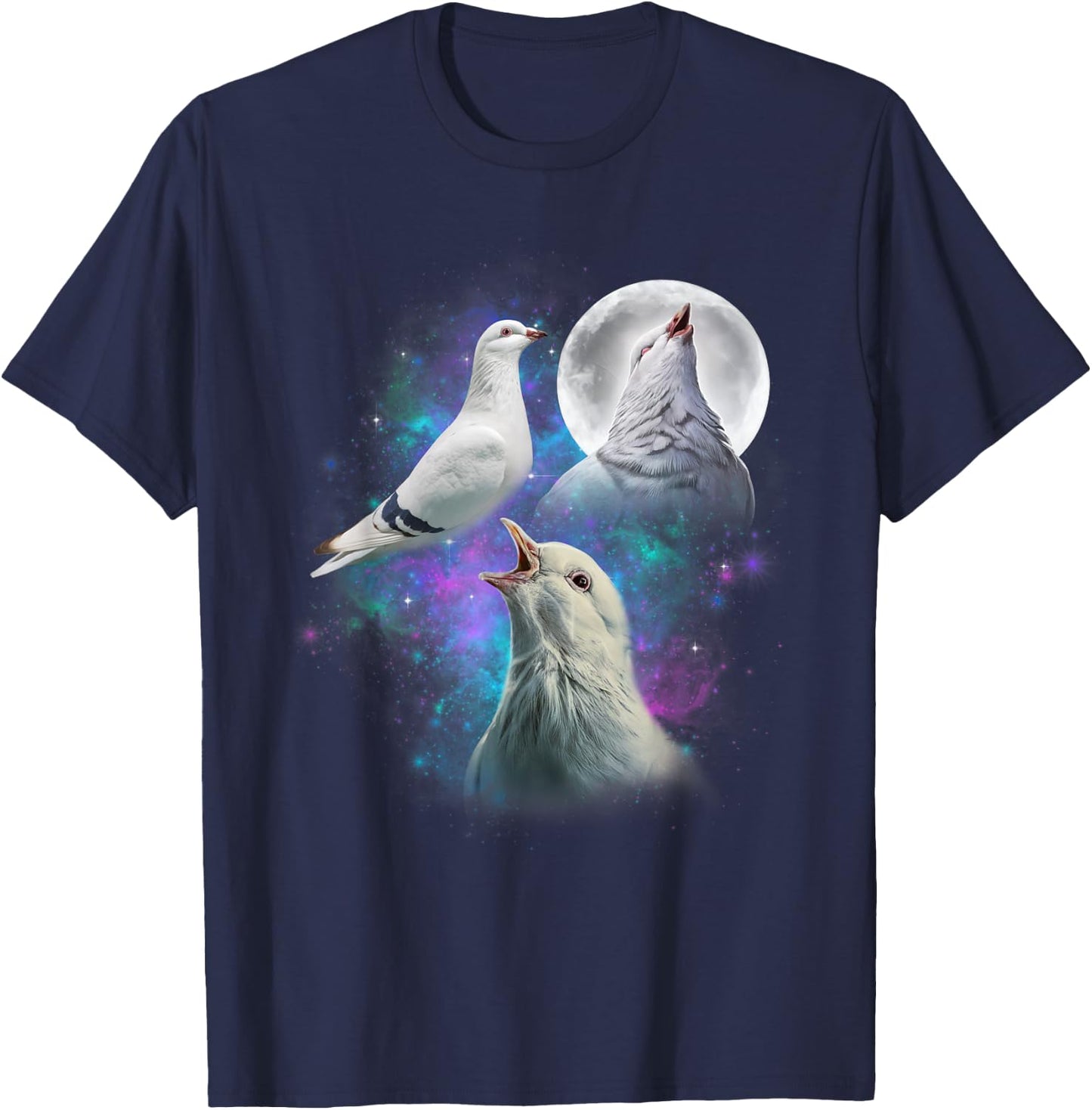 Three White Pigeons Howling At The Moon Funny Pigeon T-Shirt - T-Shirt | Navy