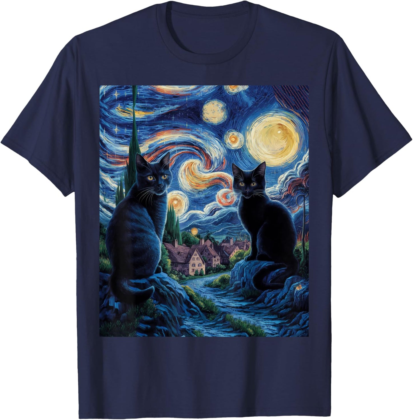 Cats Starry Night Van Gogh, For Cat Lover Cat Mom Cat Dad T-Shirt - T-Shirt | Navy