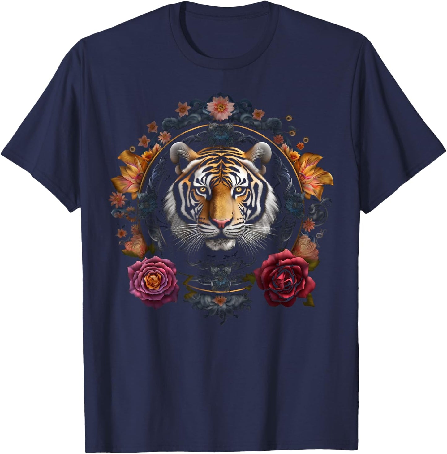 Tiger Artwork Flowers - Animal Art Tiger T-Shirt - T-Shirt | Navy