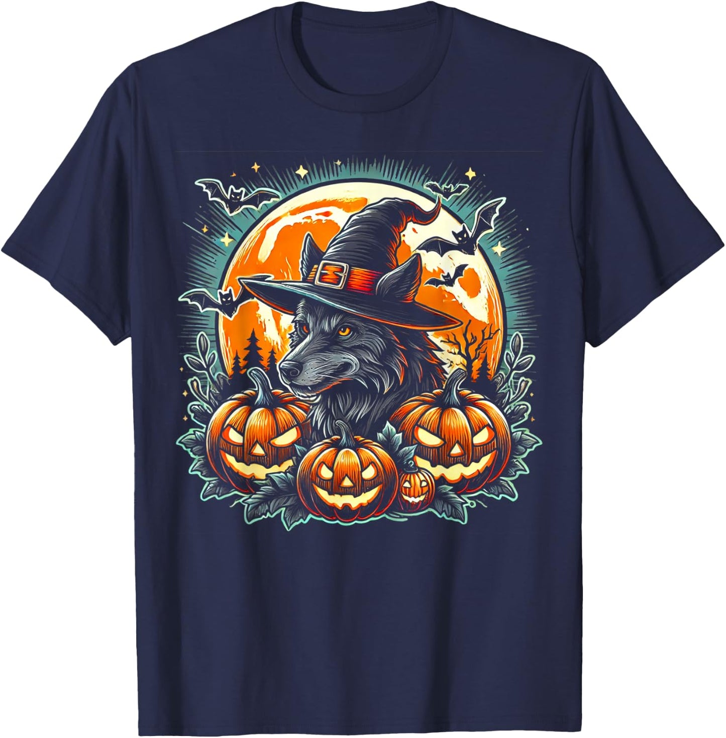 Wolf Witch Halloween - Spooky Pumpkin Art T-Shirt - T-Shirt | Navy