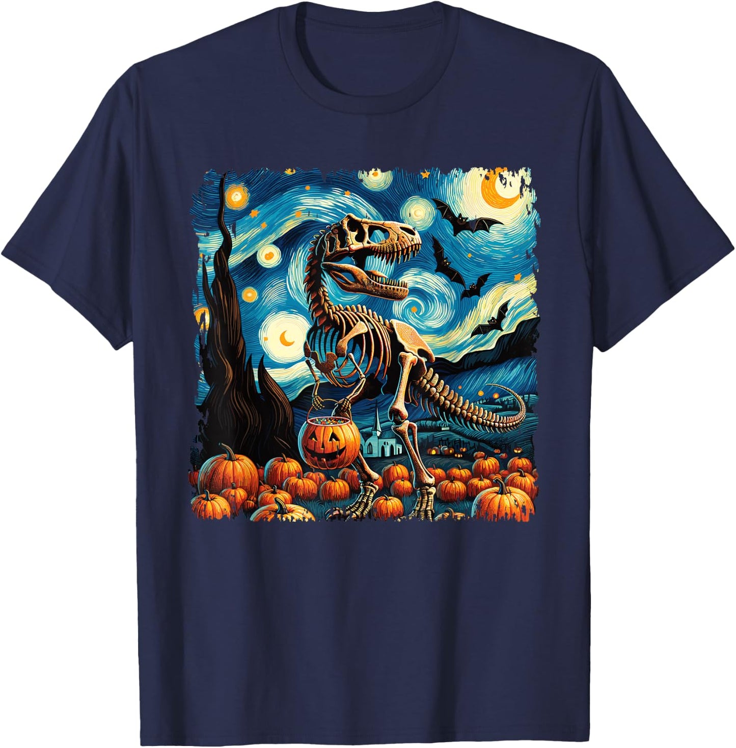 T-Rex Skeleton Halloween Van Gogh Starry Night Fall Pumpkin T-Shirt - T-Shirt | Navy