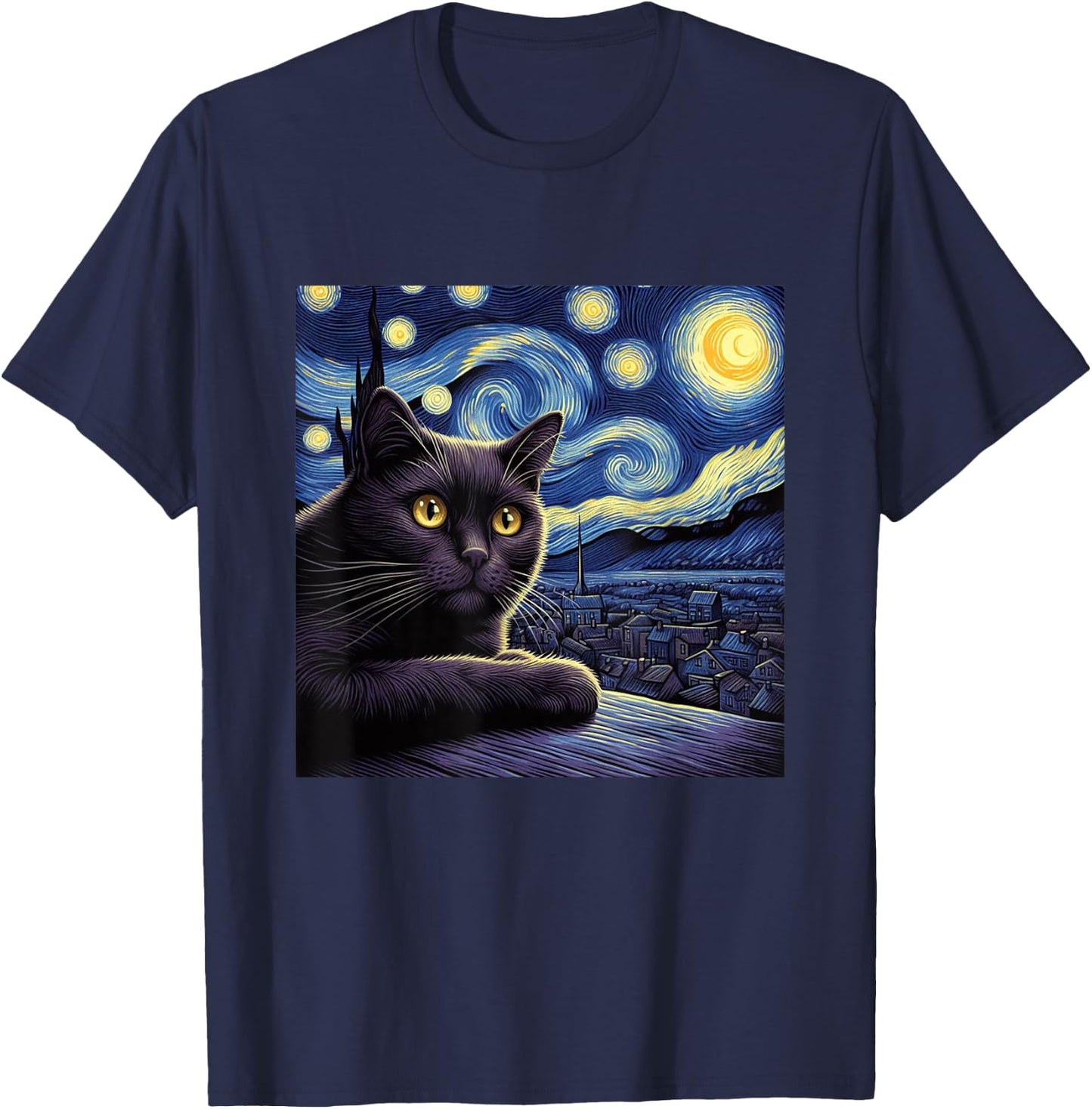 Starry Night Cat Design - Van Gogh Inspired Graphic Men Women Girls Kids T-Shirt - T-Shirt | Navy