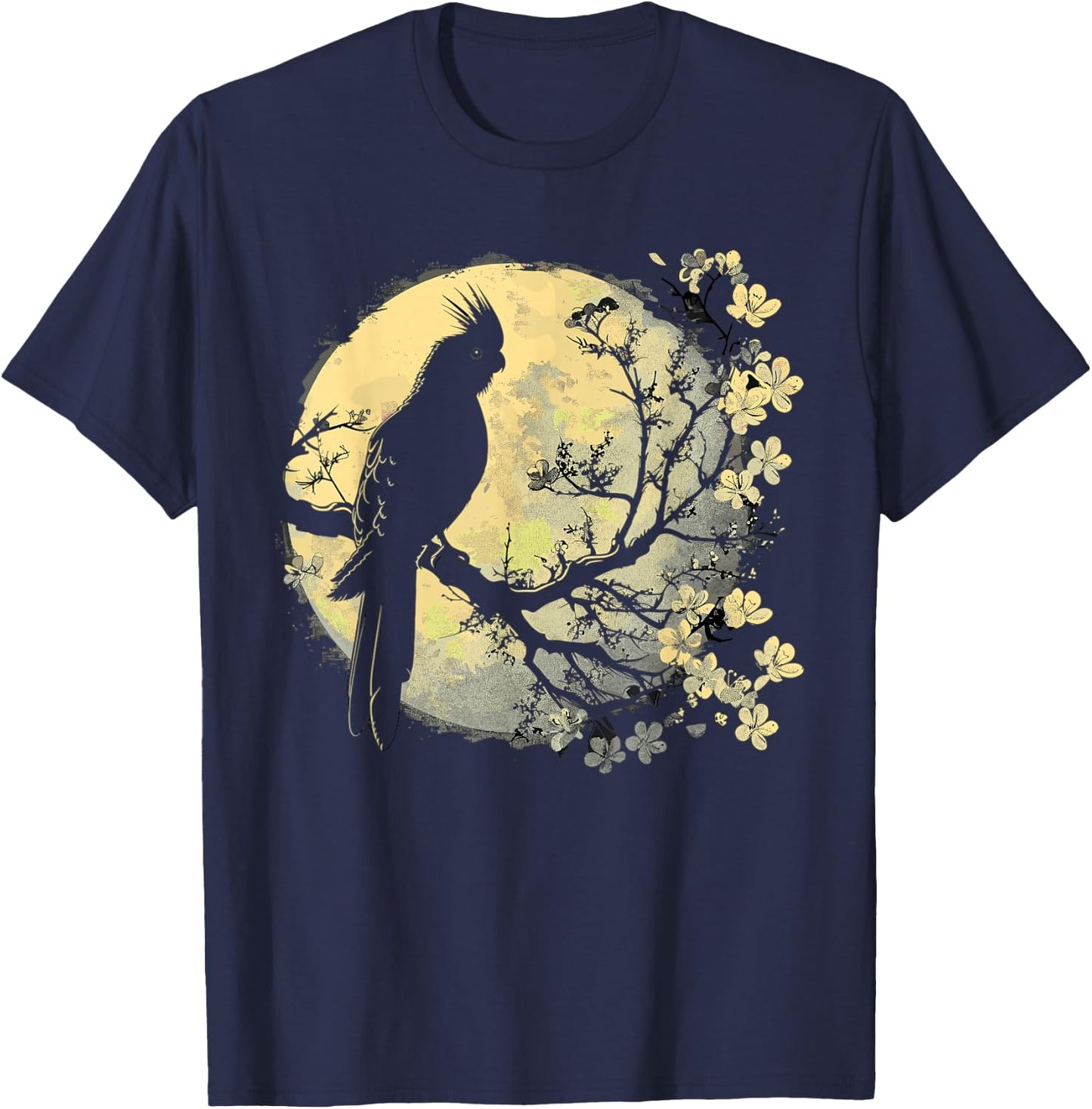 Cockatiel Parrot Lliebhaber Bird Moon and Flowers T-Shirt - T-Shirt | Navy