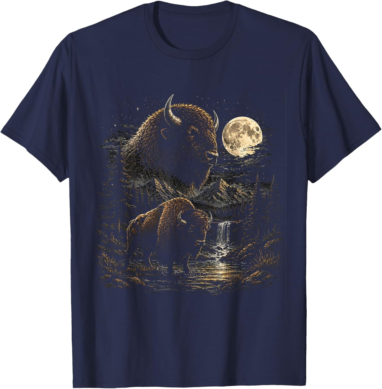 Vintage 90s American Bison Moon Wildlife Nature T-Shirt - T-Shirt | Navy