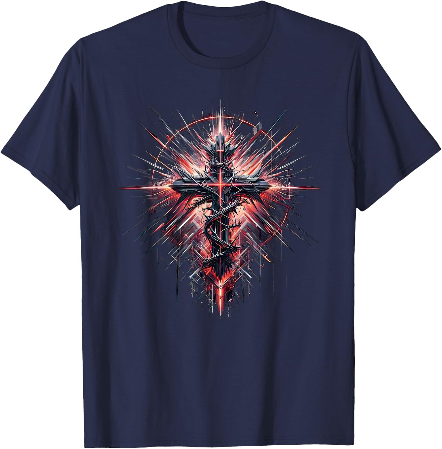 Distressed Christian Cross Punk Art Style Crown of thorns T-Shirt - T-Shirt | Navy