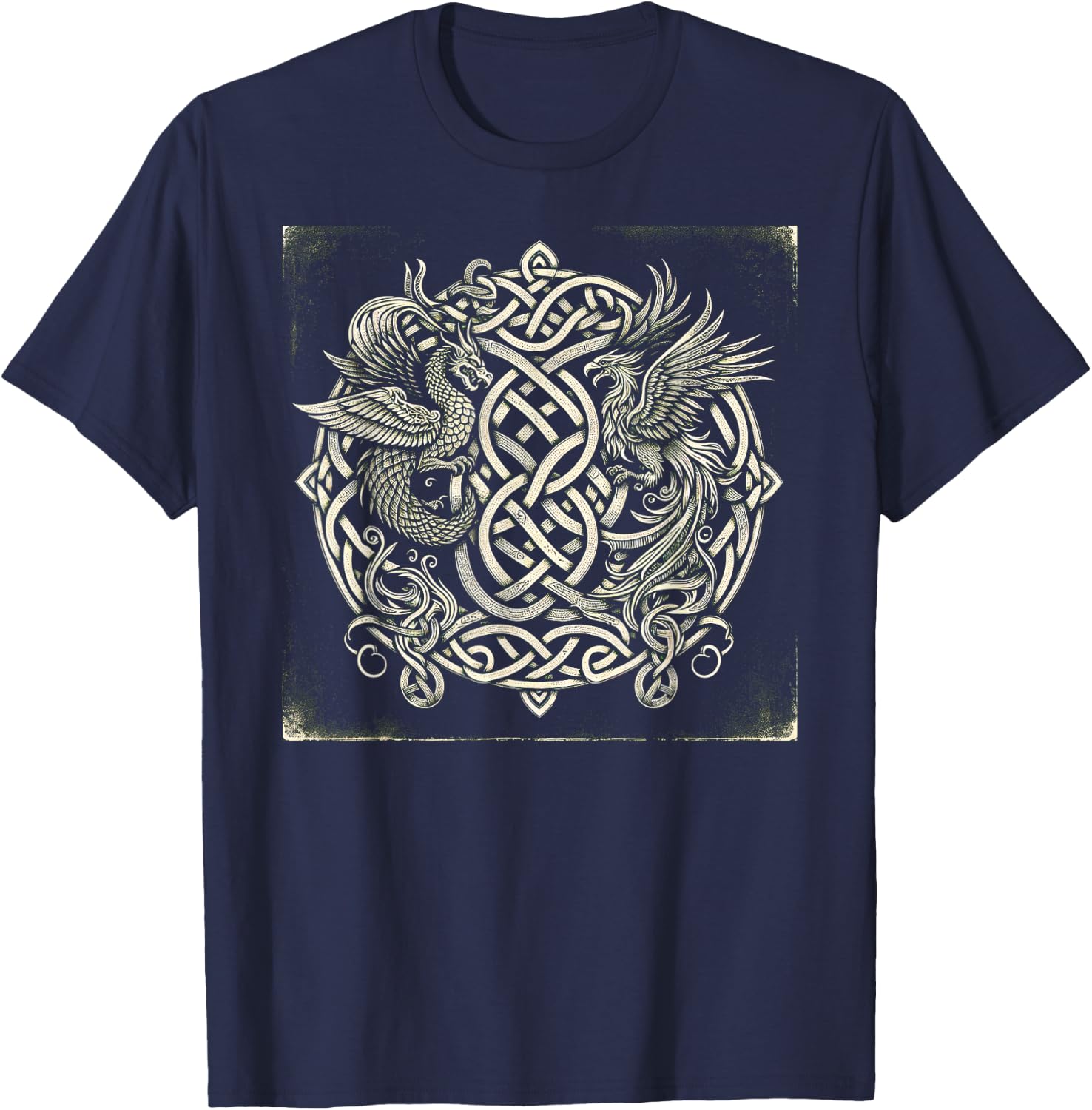 Intricate Celtic Knot with Dragon and Phoenix T-Shirt - T-Shirt | Navy