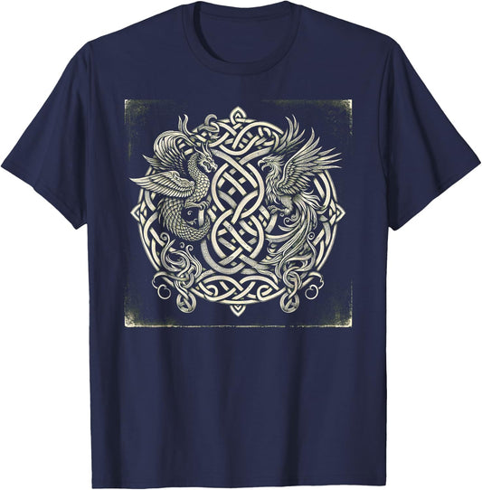 Intricate Celtic Knot with Dragon and Phoenix T-Shirt - T-Shirt | Navy