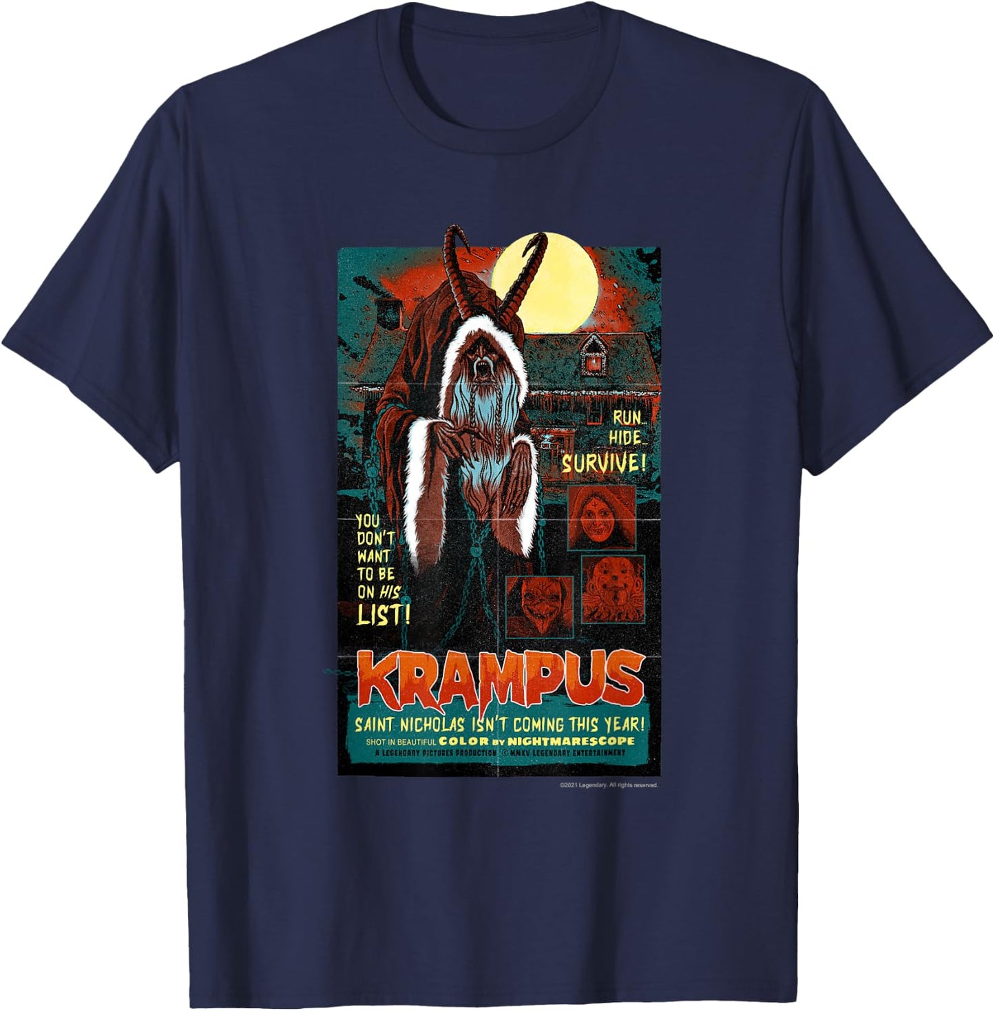 Krampus – Run! Hide! Survive! Retro Poster T-Shirt - T-Shirt | Navy