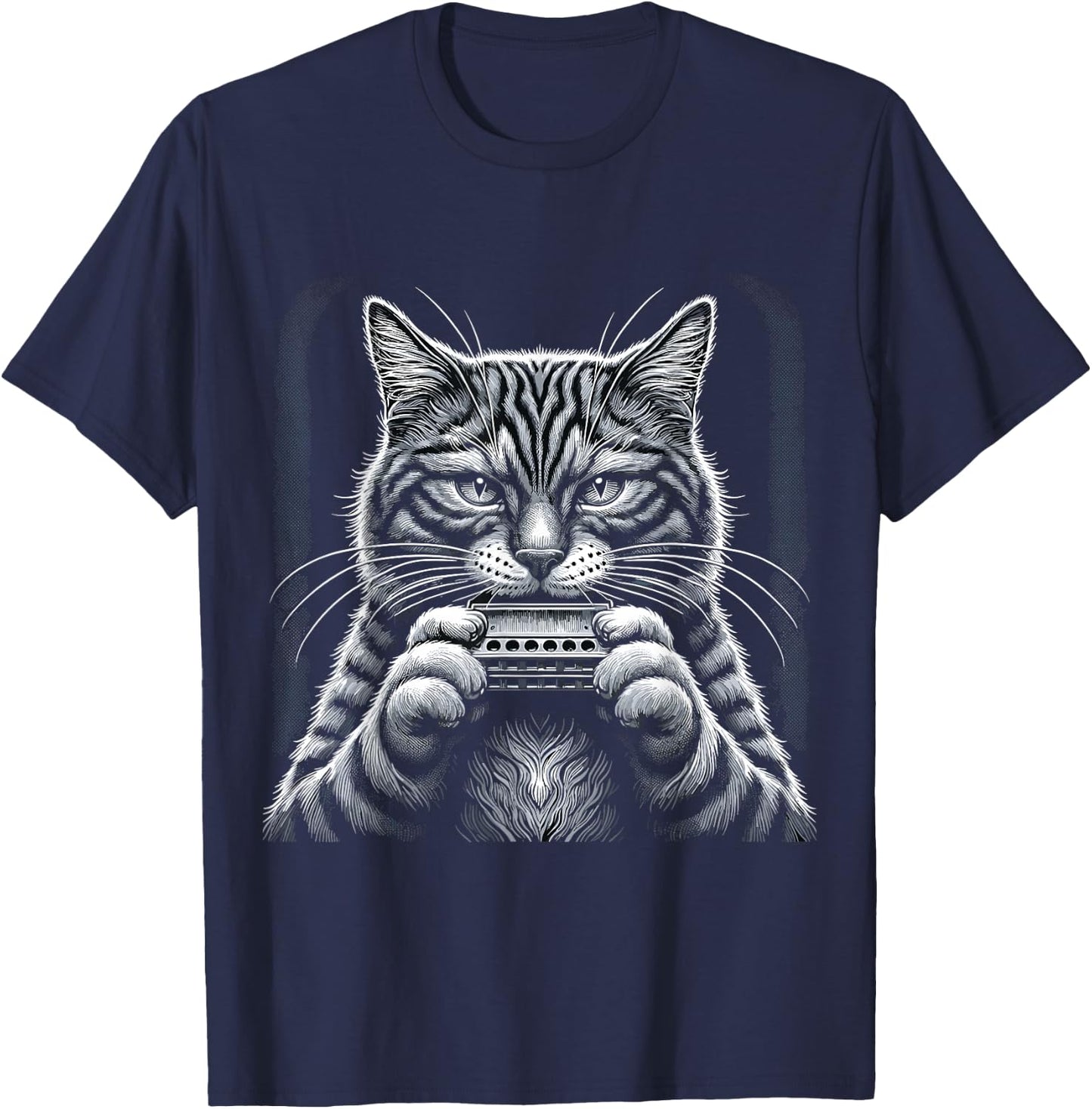 Cat Music Harmonica Player Country Folk Blues Whiskers Tabby T-Shirt - T-Shirt | Navy