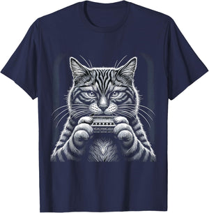 Cat Music Harmonica Player Country Folk Blues Whiskers Tabby T-Shirt - T-Shirt | Navy