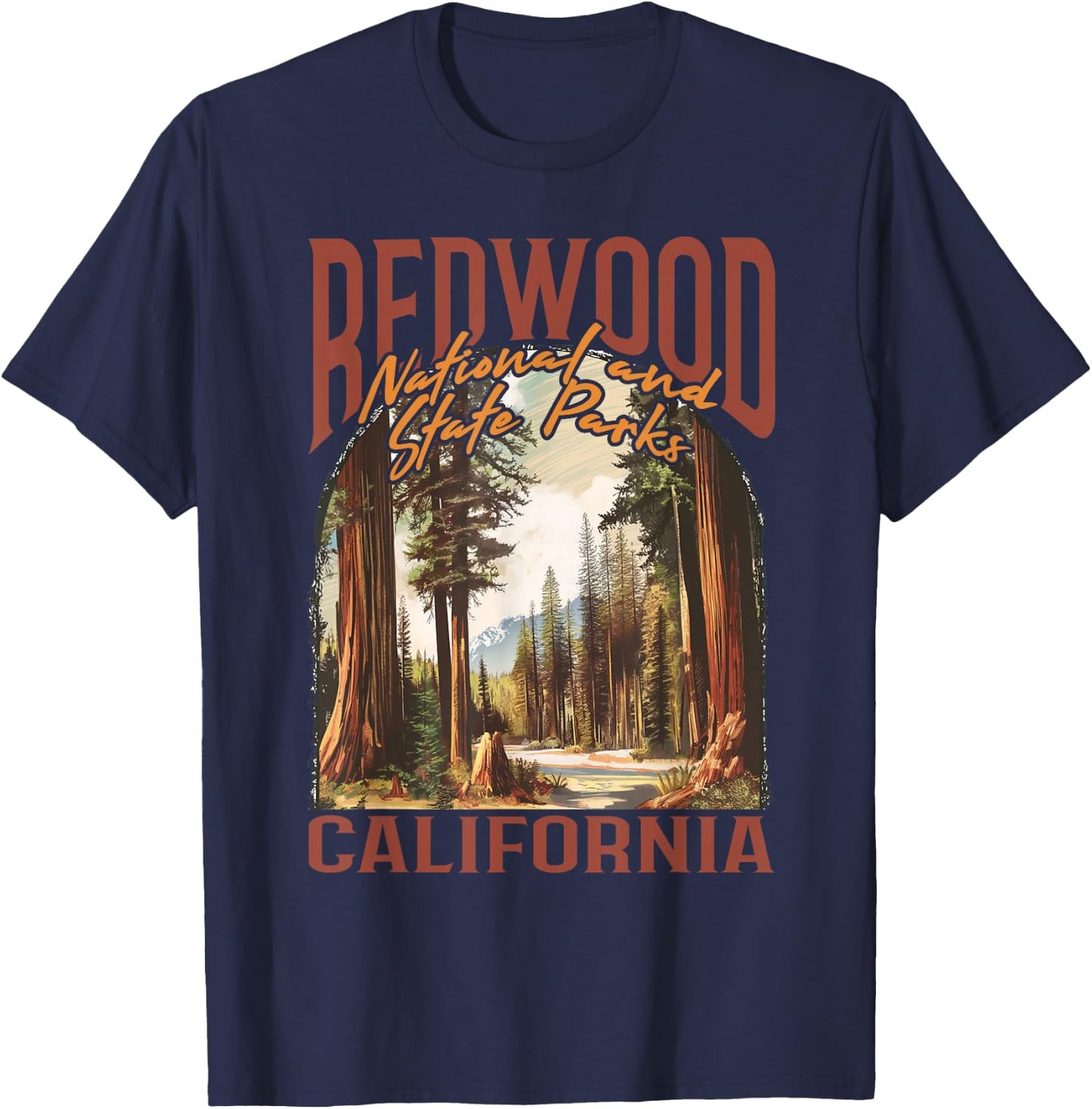 Redwood USA National Park Vintage California Outdoors Retro T-Shirt - T-Shirt | Navy