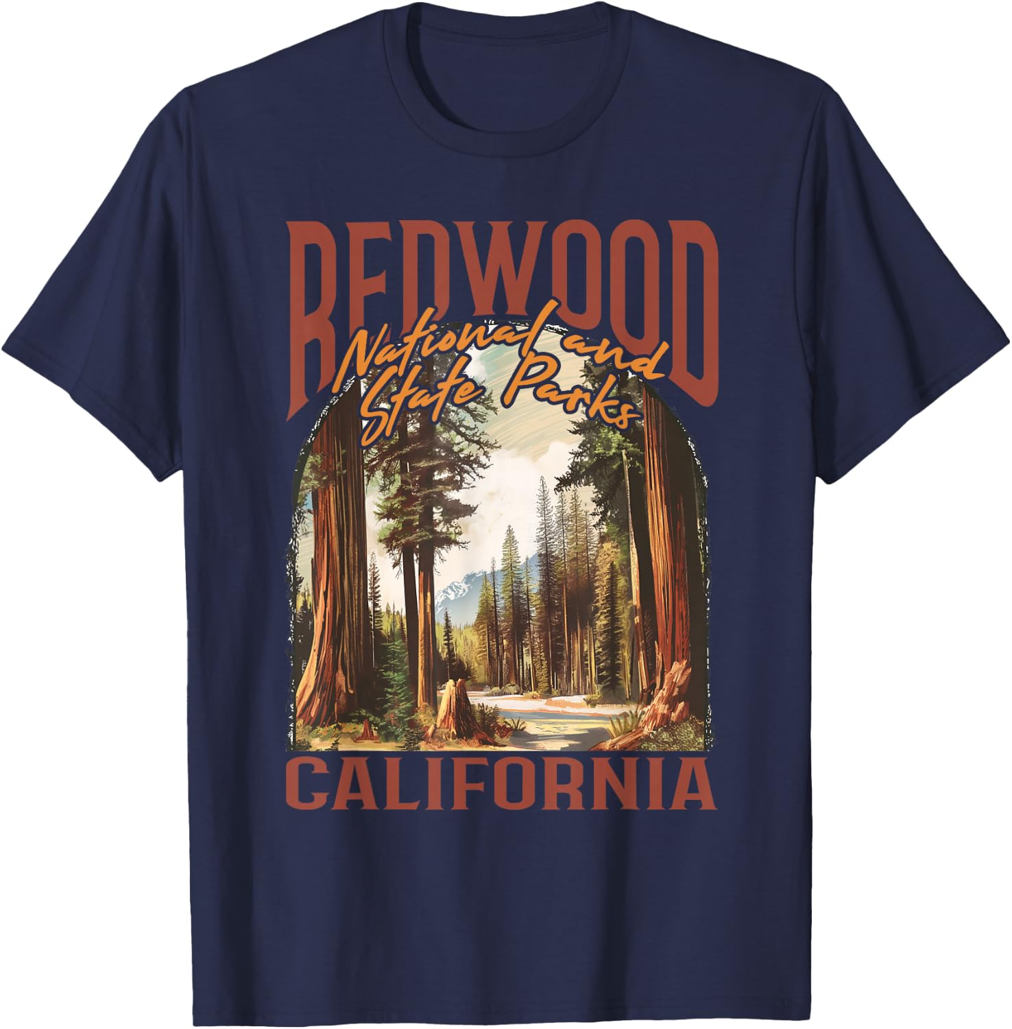 Redwood USA National Park Vintage California Outdoors Retro T-Shirt - T-Shirt | Navy