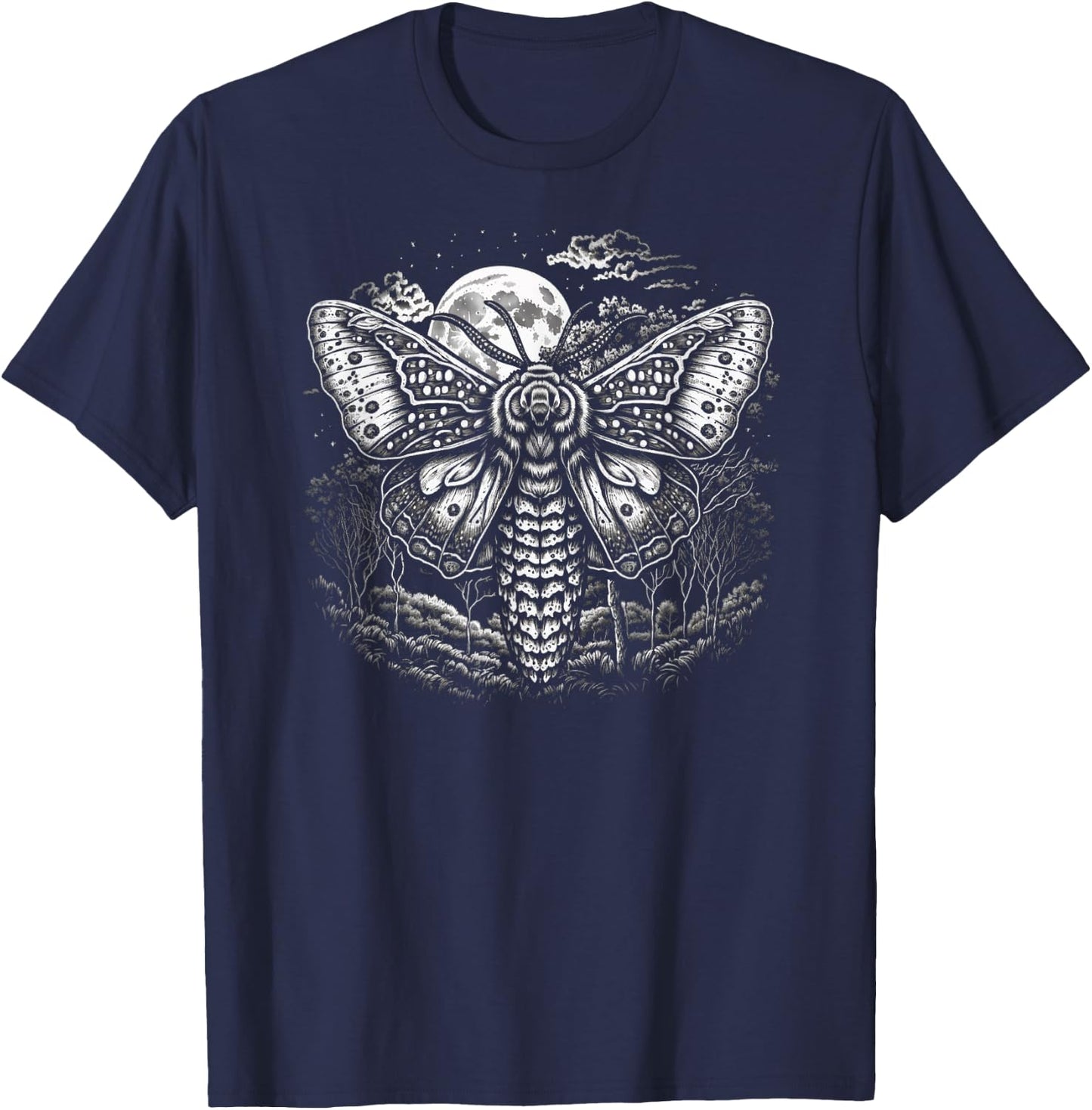 Moth And Moon Night Sky Folkloric Wiccan Nature Goth T-Shirt - T-Shirt | Navy