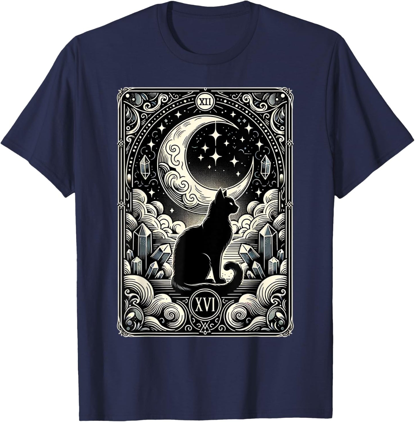 Magical Tarot Card Black Cat and Crescent Moon Vintage Cat T-Shirt - T-Shirt | Navy