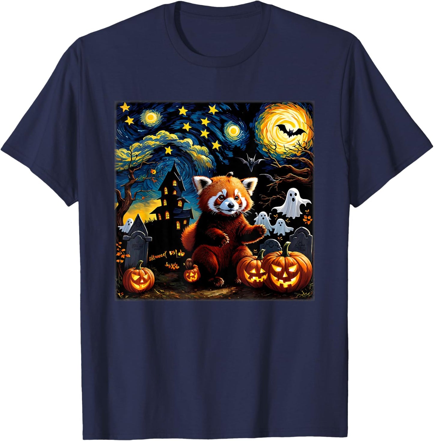 Spooky Halloween Red Panda Starry Night T-Shirt - T-Shirt | Navy