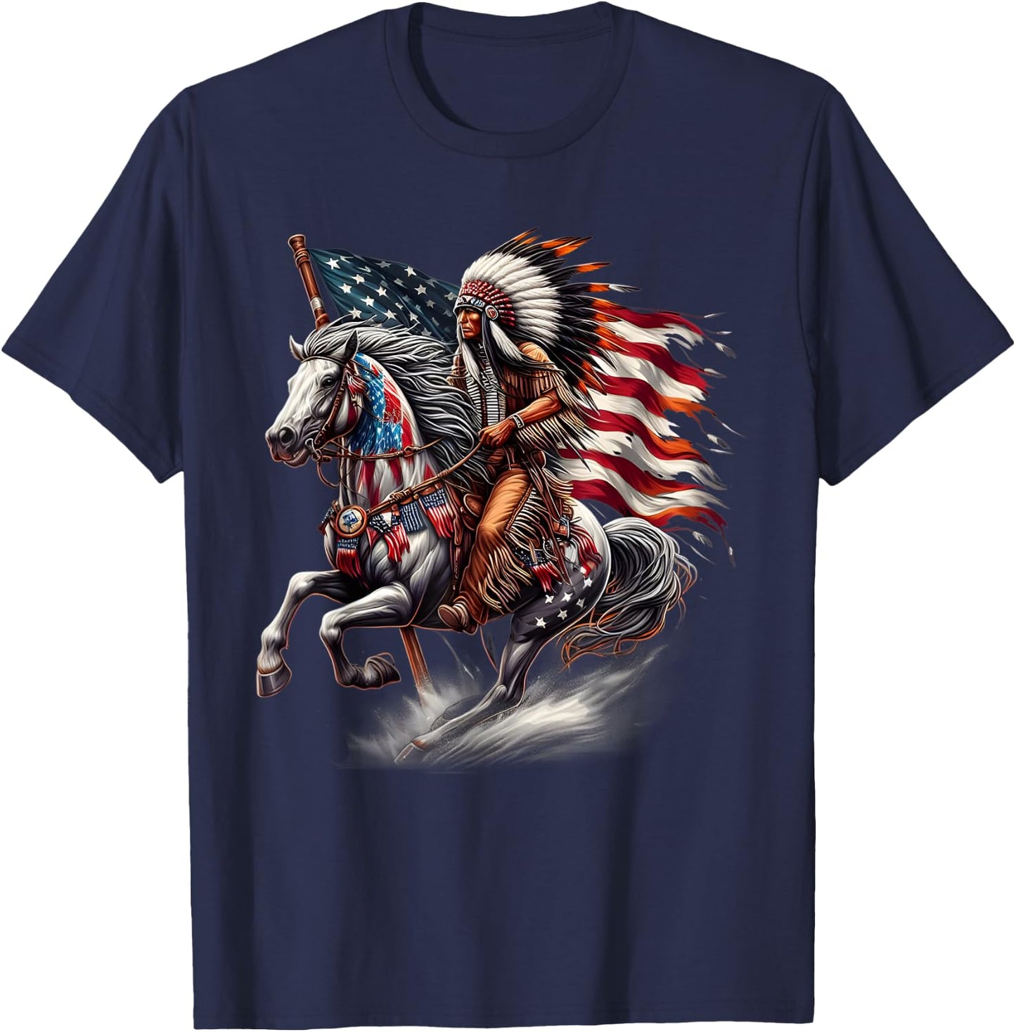 Native American Day Flag Indian Riding Horse 4th of July T-Shirt - T-Shirt | Navy