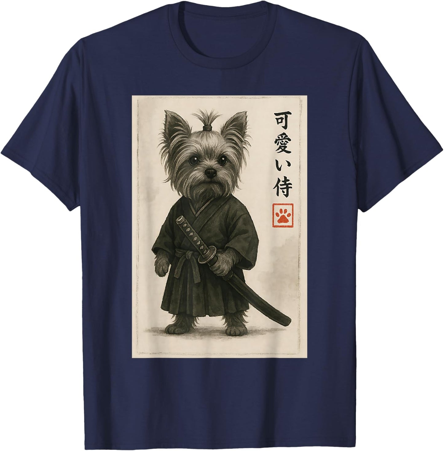 Yorkshire Terrier Samurai Ink Art Sumie Style Novelty Kawaii T-Shirt - T-Shirt | Navy