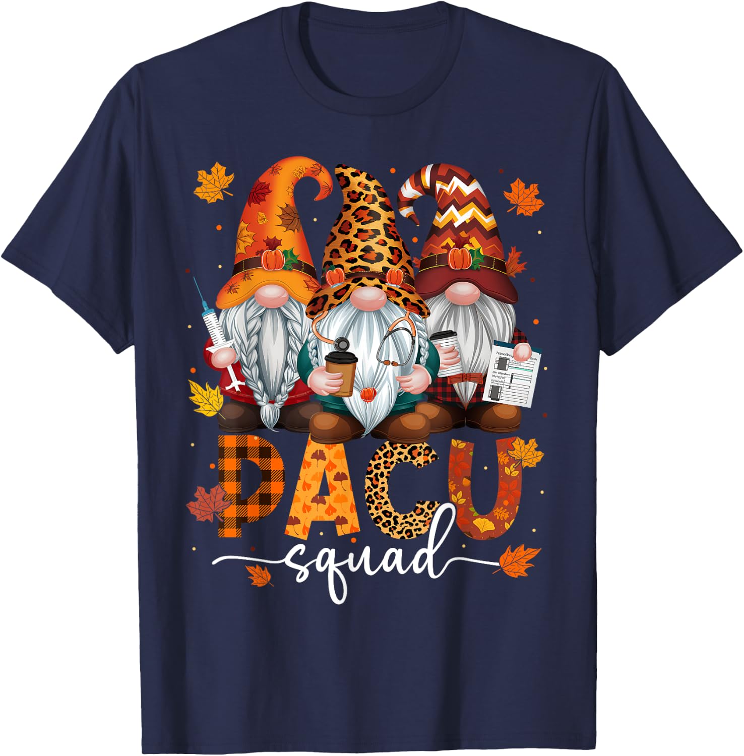 PACU Squad Gnome Nurse Leopard Thanksgiving Stethoscope T-Shirt - T-Shirt | Navy
