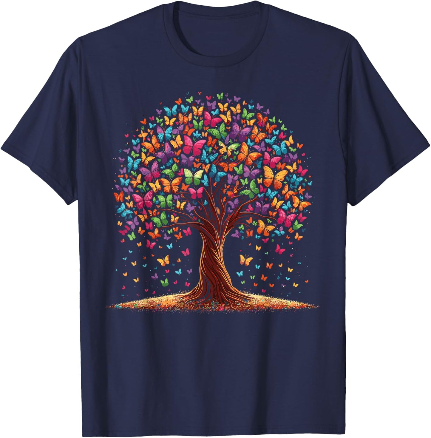 Vibrant Tree of Butterflies T-Shirt - T-Shirt | Navy