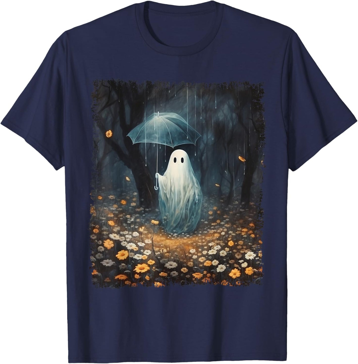 Vintage Halloween Spooky Ghost In The Forest Umbrella Gothic T-Shirt - T-Shirt | Navy