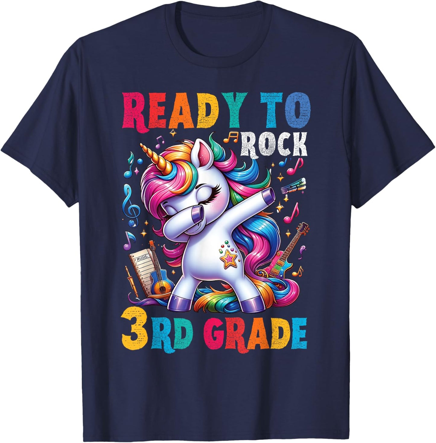Student back to School 3rd grade Girls Musical Music Unicorn T-Shirt - T-Shirt | Navy