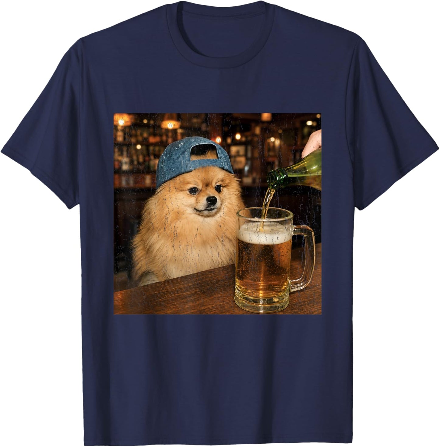 Pomeranian Drinking Beer Shirt Funny Dog Meme Art Vintage T-Shirt - T-Shirt | Navy